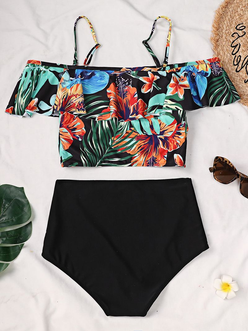 Tropical Plant Med Tryk Flæse Spaghetti Straps Højtaljede Bikinier Dame Badedragt