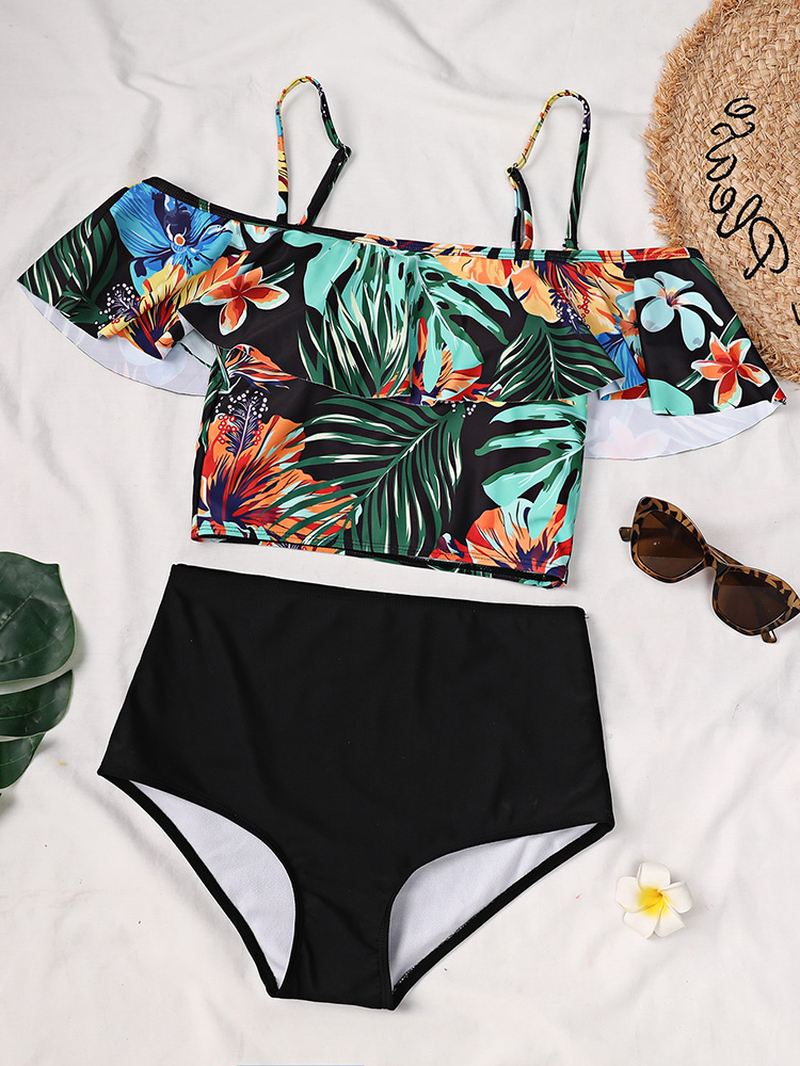 Tropical Plant Med Tryk Flæse Spaghetti Straps Højtaljede Bikinier Dame Badedragt