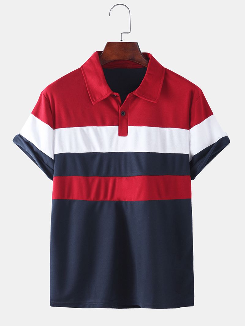 Herre Farve Blcok Kortærmet Halv Åben Turn Down Krave Casual Golf Shirt