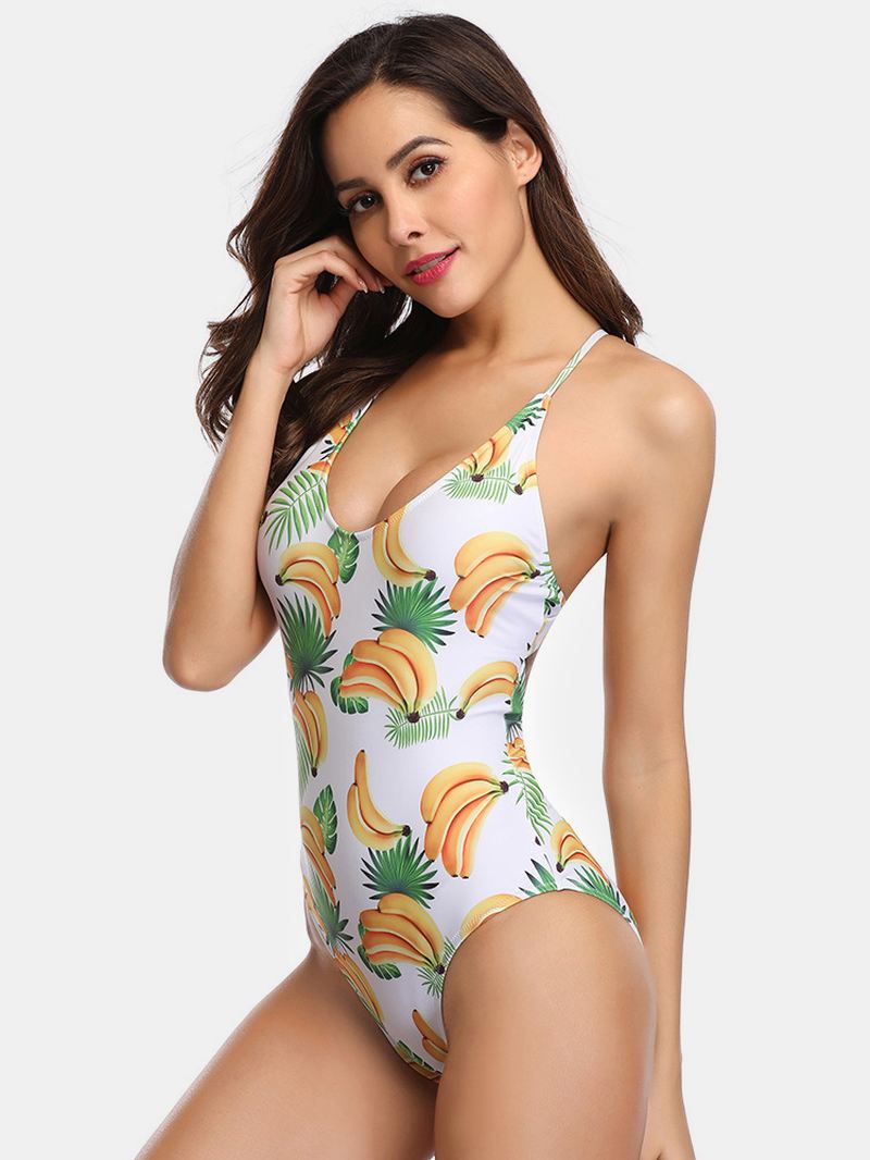 Kvinder Banan Med Tryk Criss-cross Spaghetti Straps One Piece Beach Badetøj