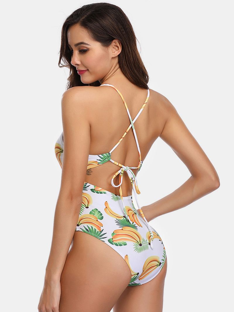 Kvinder Banan Med Tryk Criss-cross Spaghetti Straps One Piece Beach Badetøj