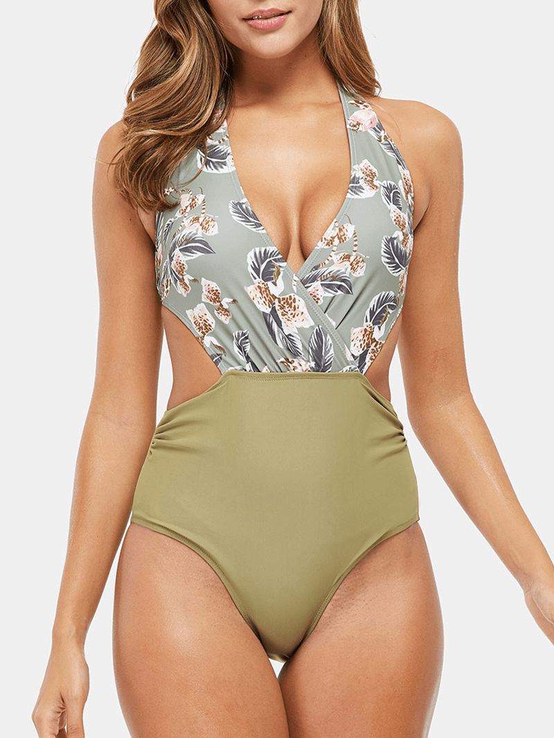 Kvinder Blomsterprint Halter String Patchwork Rygløs One Piece Hawaii Beach Badedragt