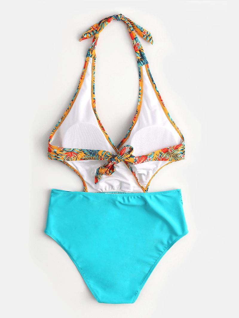 Kvinder Blomsterprint Halter String Patchwork Rygløs One Piece Hawaii Beach Badedragt