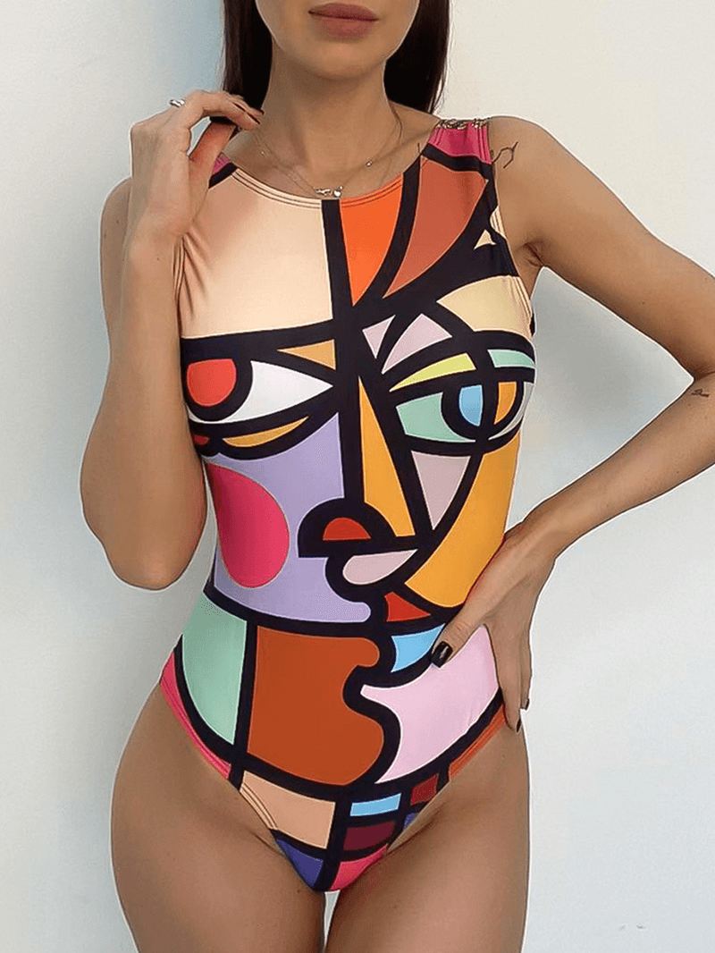 Kvinder Multi-color Abstrakt Figur Med Tryk Rygløs Ærmeløs One-piece Badetøj