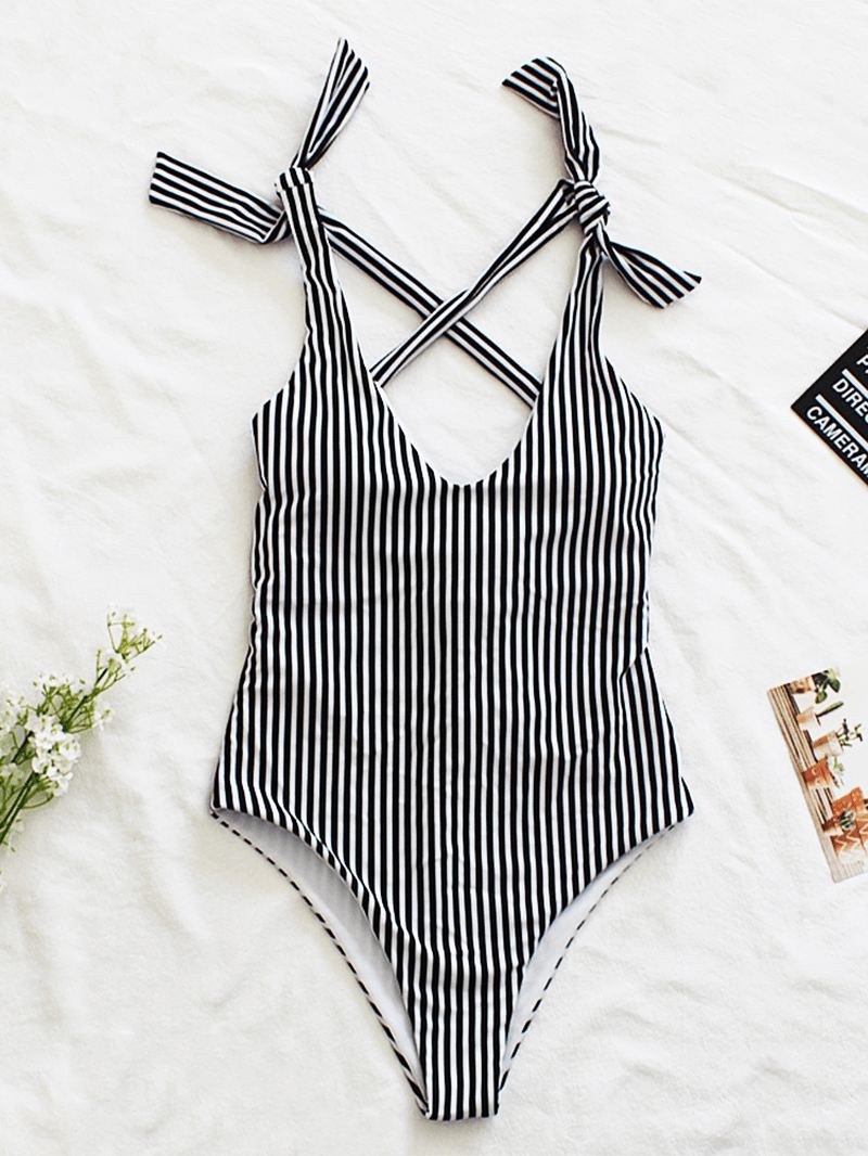 Kvinder Pinstripe Criss Cross Back Cute Bow Shoulder One Piece Slankende Badedragt