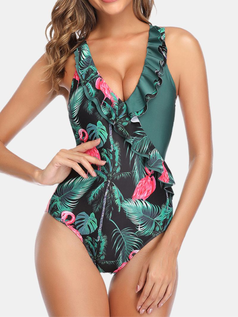 Kvinder Tropical Leaves Flamingo Med Tryk Flæser Hawaii Holiday One Piece Patchwork Badetøj