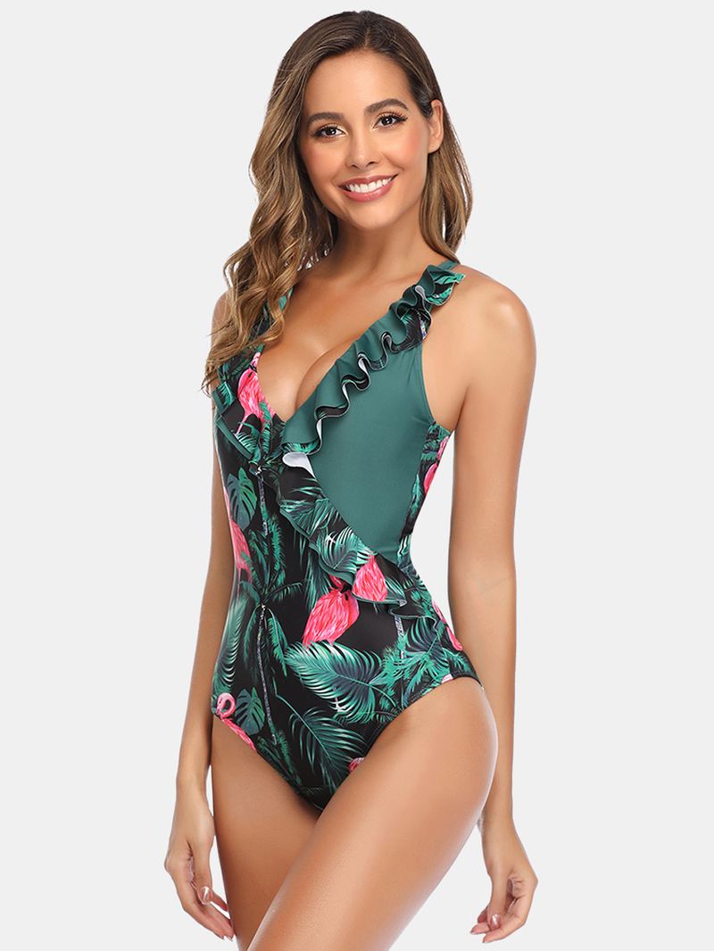 Kvinder Tropical Leaves Flamingo Med Tryk Flæser Hawaii Holiday One Piece Patchwork Badetøj