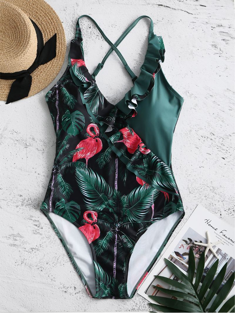 Kvinder Tropical Leaves Flamingo Med Tryk Flæser Hawaii Holiday One Piece Patchwork Badetøj