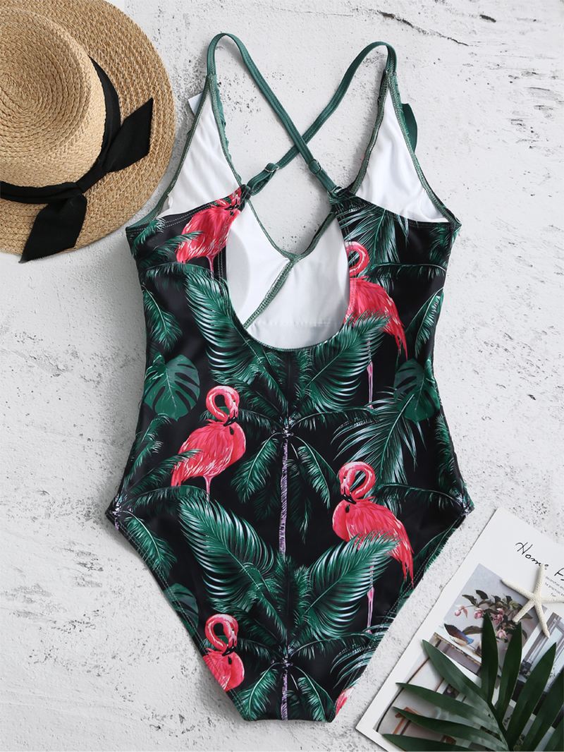 Kvinder Tropical Leaves Flamingo Med Tryk Flæser Hawaii Holiday One Piece Patchwork Badetøj