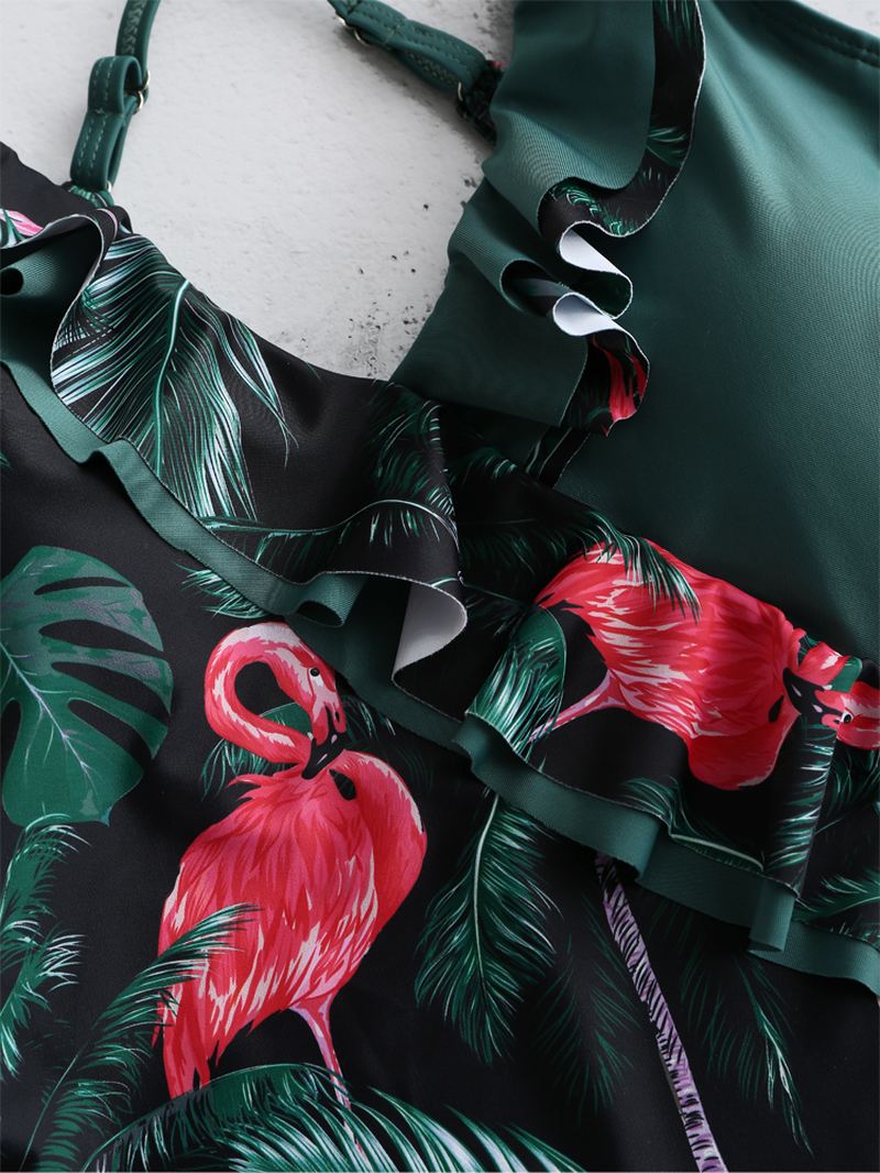 Kvinder Tropical Leaves Flamingo Med Tryk Flæser Hawaii Holiday One Piece Patchwork Badetøj