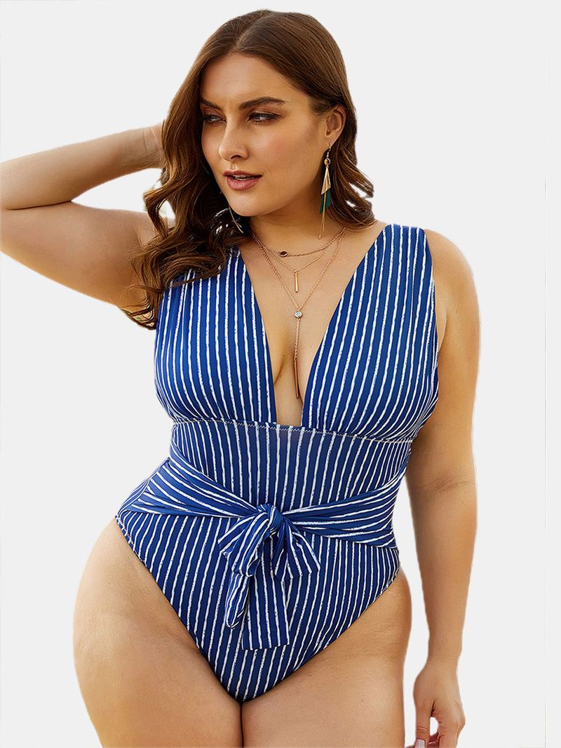 Navy Stribet Rygløs Dyb Halsudskæring Høje Ben Badetøj One Pieces