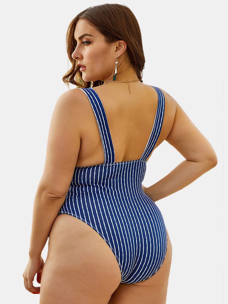 Navy Stribet Rygløs Dyb Halsudskæring Høje Ben Badetøj One Pieces