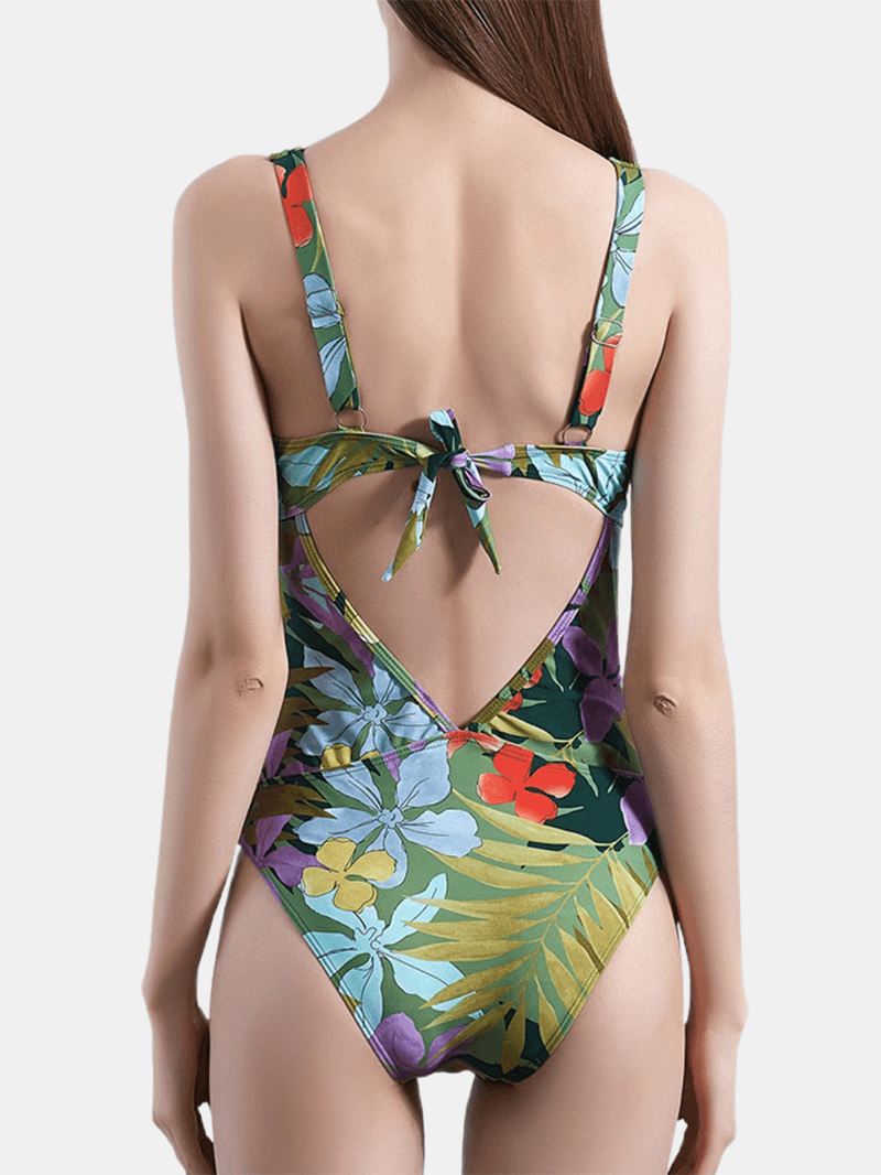 Plant Med Tryk Cut Out Tie Back One Piece Hawaii Summer Beach Badedragt Til Kvinder