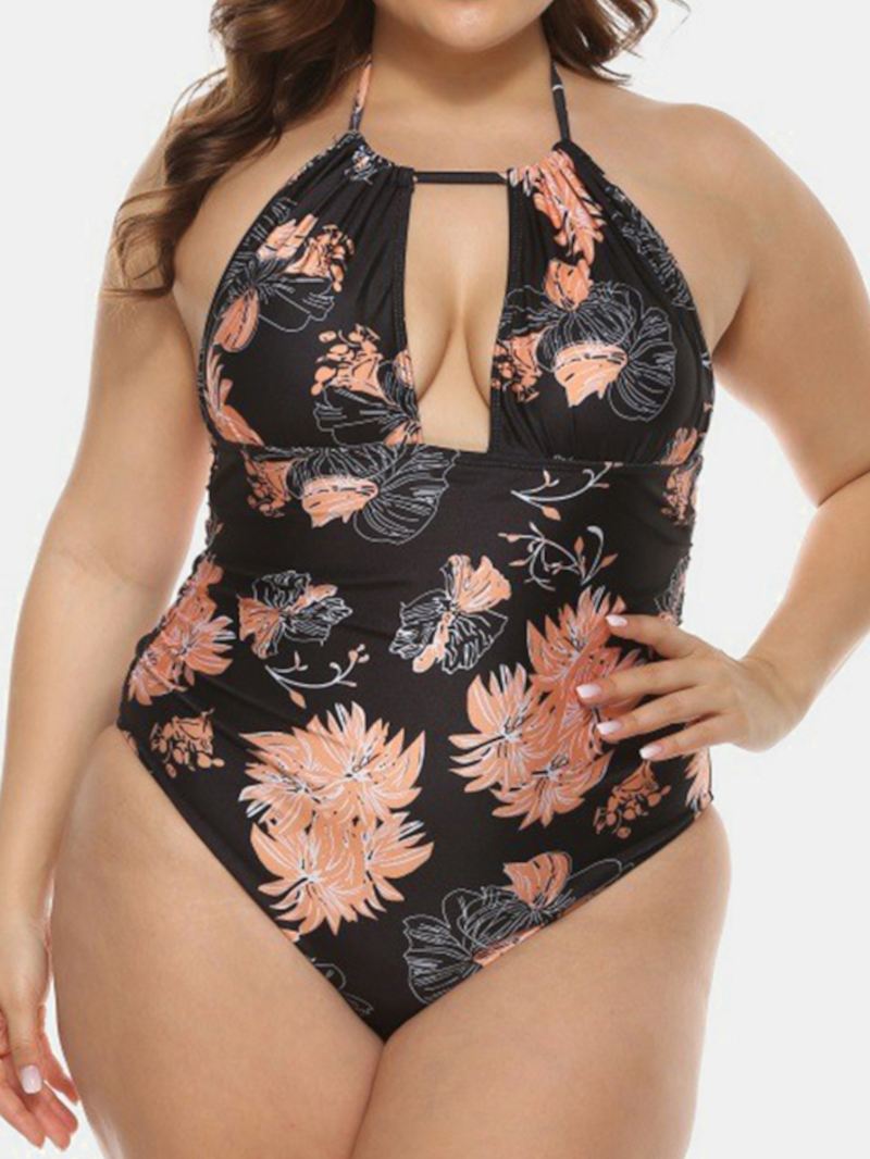 Plus Size Kvinder Blomsterprint Halter Snøre Rygløs One Pieces Badetøj