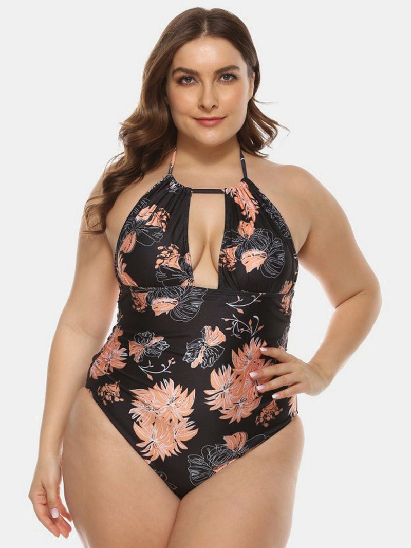 Plus Size Kvinder Blomsterprint Halter Snøre Rygløs One Pieces Badetøj