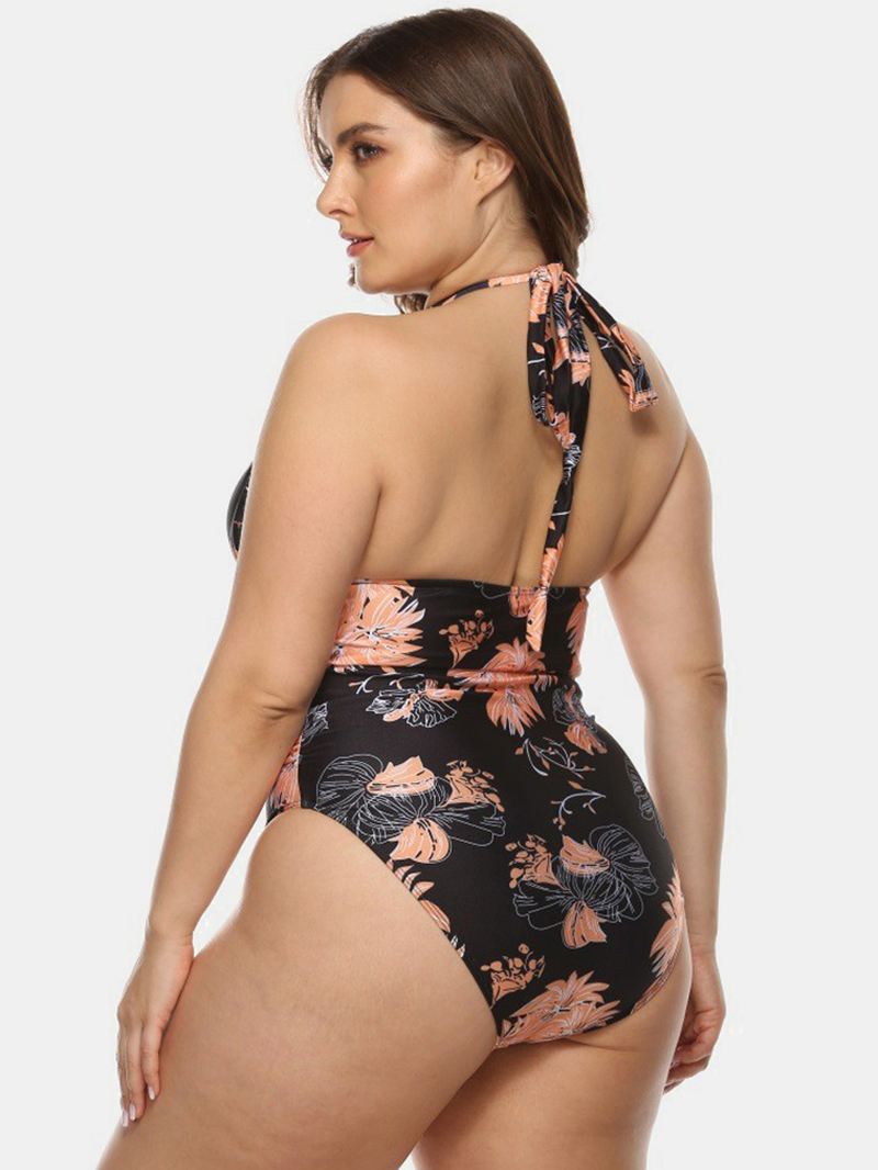 Plus Size Kvinder Blomsterprint Halter Snøre Rygløs One Pieces Badetøj