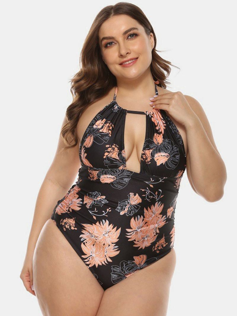 Plus Size Kvinder Blomsterprint Halter Snøre Rygløs One Pieces Badetøj