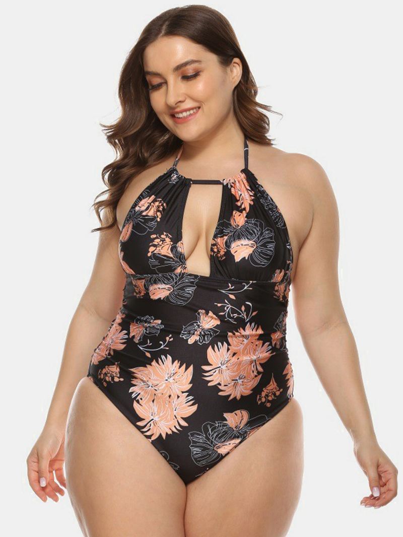 Plus Size Kvinder Blomsterprint Halter Snøre Rygløs One Pieces Badetøj