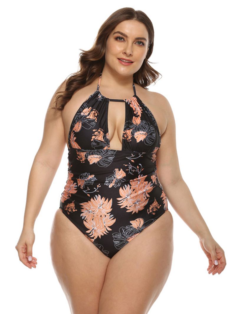 Plus Size Kvinder Blomsterprint Halter Snøre Rygløs One Pieces Badetøj