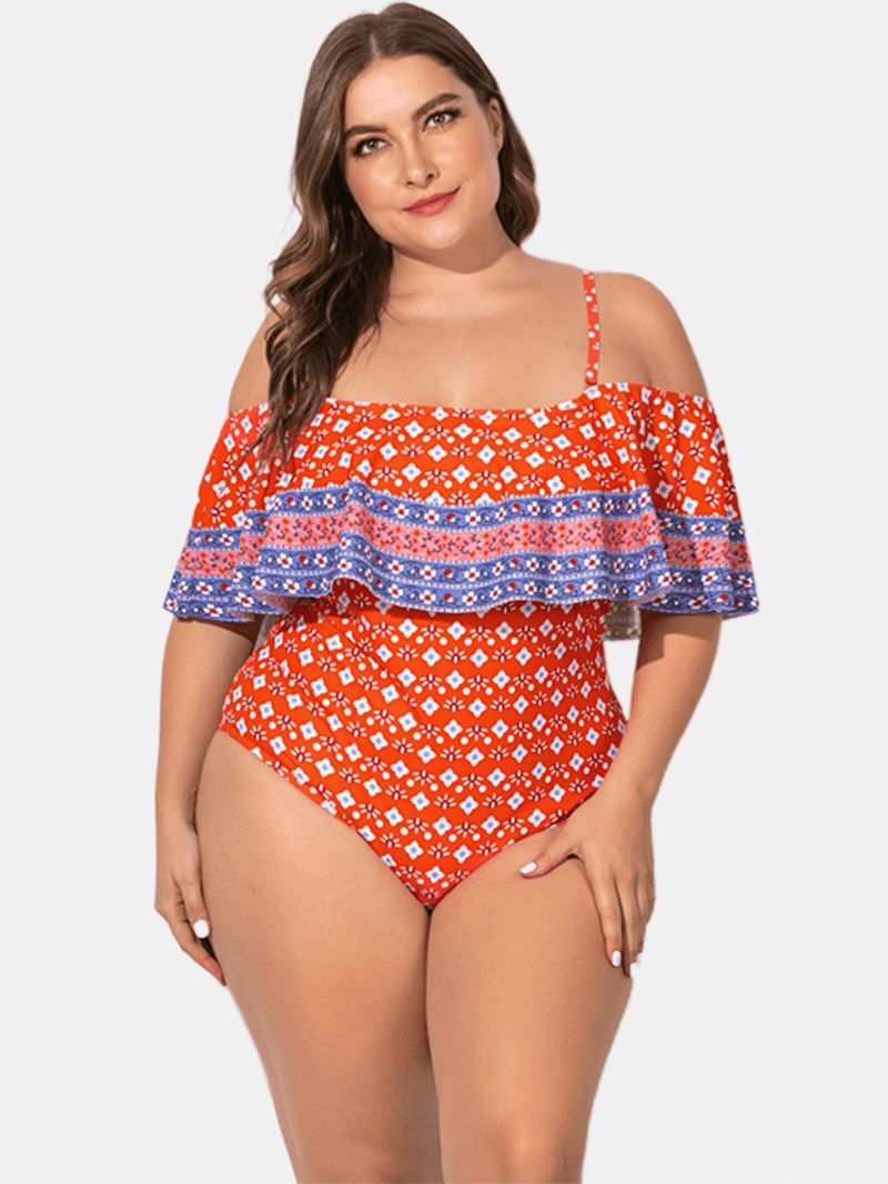 Plus Size Slynge Med Flæsede Trim Trykt Badetøj Off Shoulder One-pieces