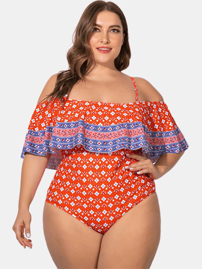 Plus Size Slynge Med Flæsede Trim Trykt Badetøj Off Shoulder One-pieces