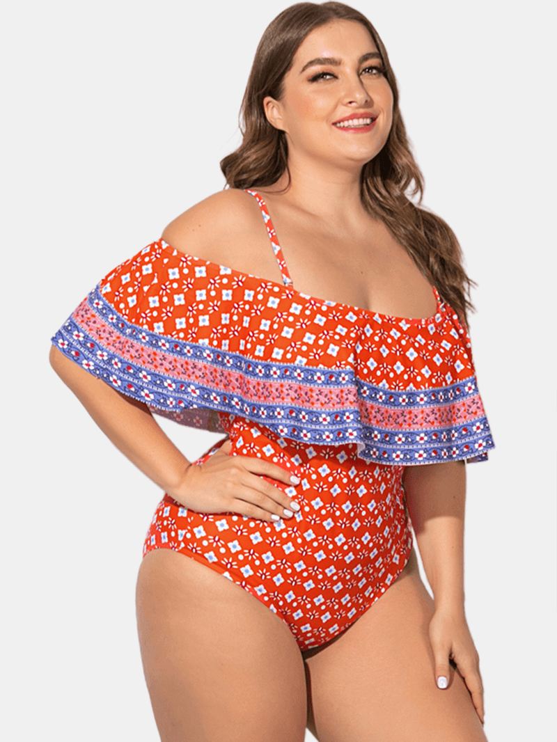 Plus Size Slynge Med Flæsede Trim Trykt Badetøj Off Shoulder One-pieces