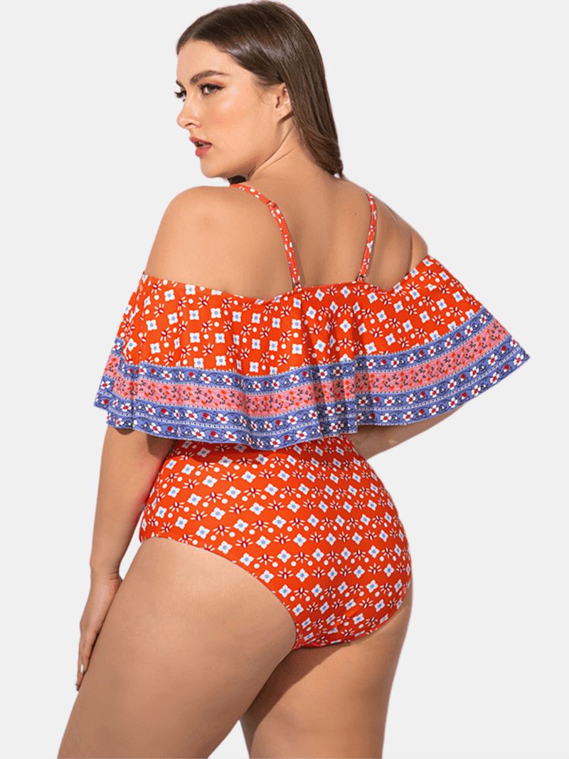 Plus Size Slynge Med Flæsede Trim Trykt Badetøj Off Shoulder One-pieces