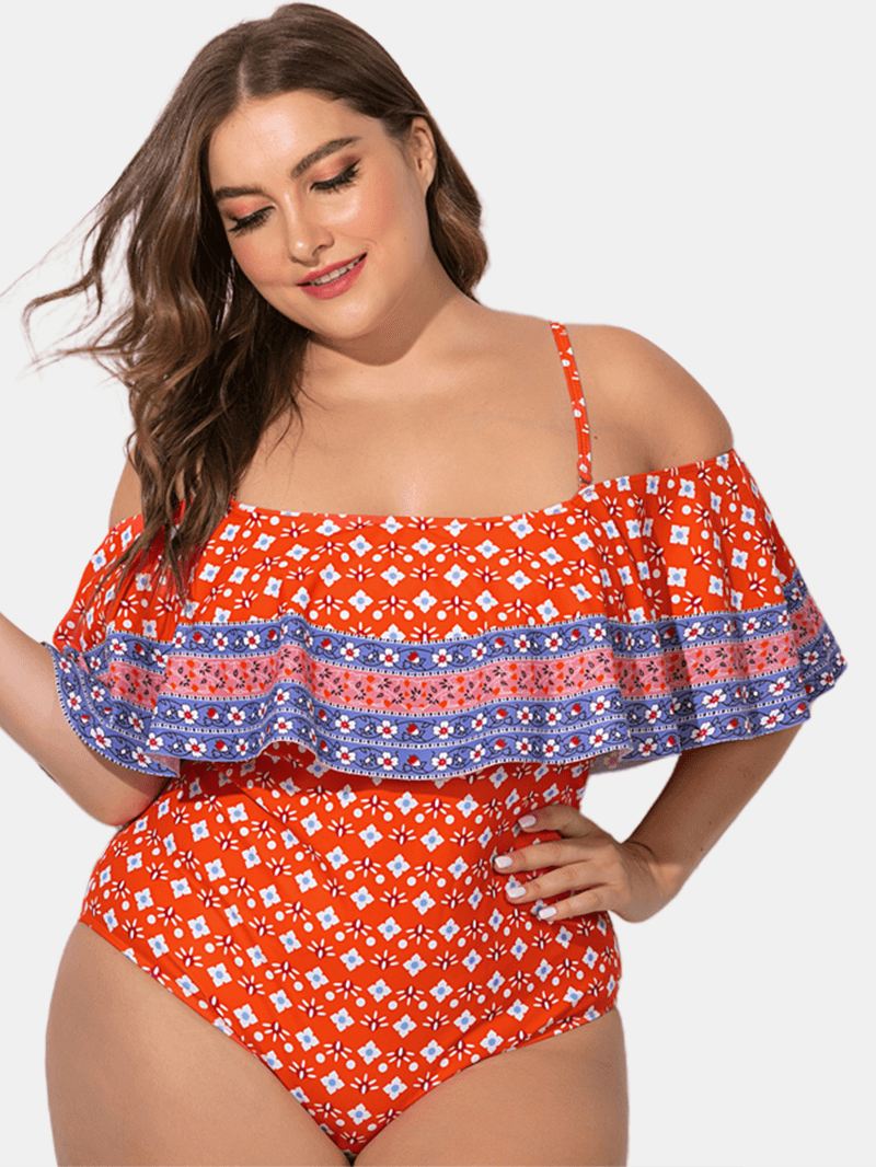 Plus Size Slynge Med Flæsede Trim Trykt Badetøj Off Shoulder One-pieces