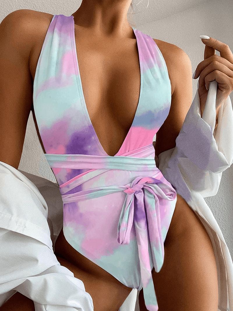 Tie Dye Backless Bandage High Fork Holiday One Piece Dame Beach Badetøj