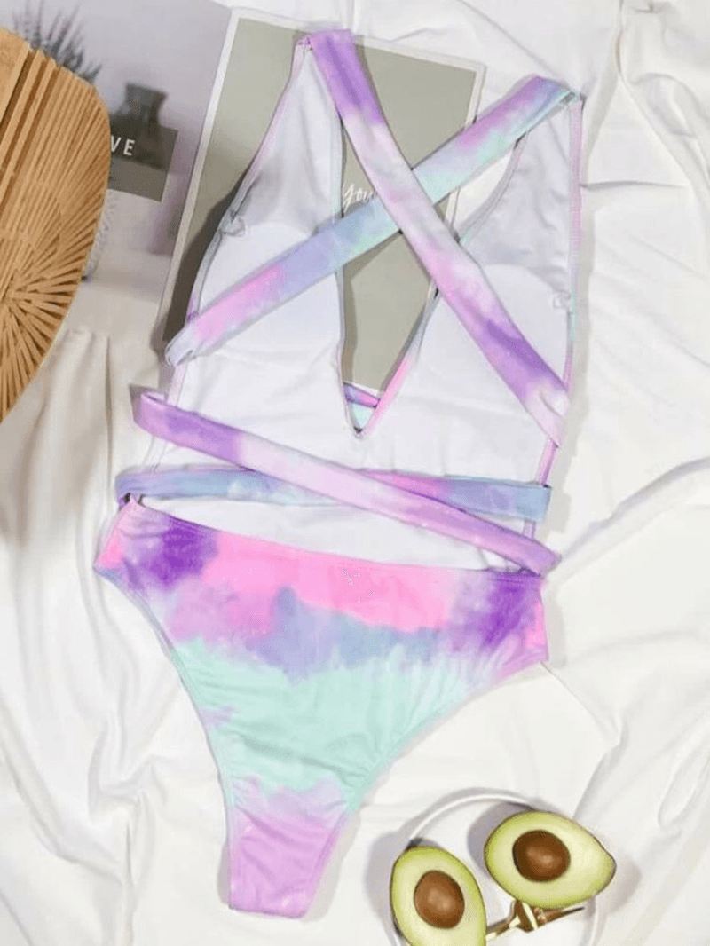 Tie Dye Backless Bandage High Fork Holiday One Piece Dame Beach Badetøj