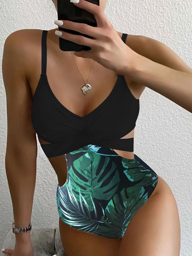 Tropical Plant Med Tryk Cross Cut Out Tie Back Hawaii Style One Piece Badedragt Til Kvinder