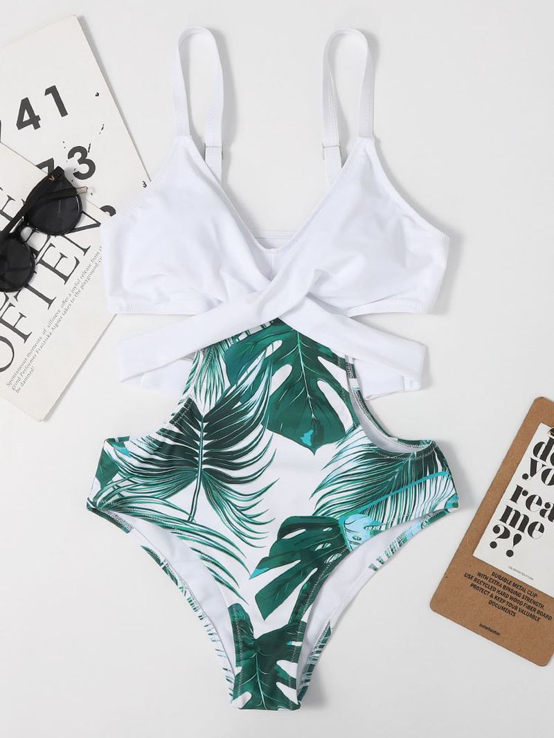 Tropical Plant Med Tryk Cross Cut Out Tie Back Hawaii Style One Piece Badedragt Til Kvinder