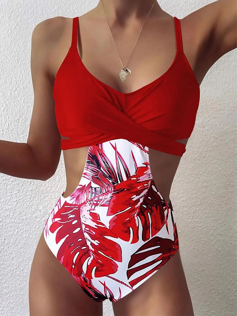 Tropical Plant Med Tryk Cross Cut Out Tie Back Hawaii Style One Piece Badedragt Til Kvinder