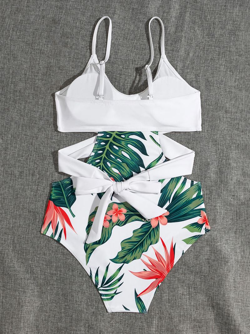 Tropical Plant Med Tryk På Kryds Og Tværs Udskåret Strappy One Piece Hawaii Style Dame Badetøj