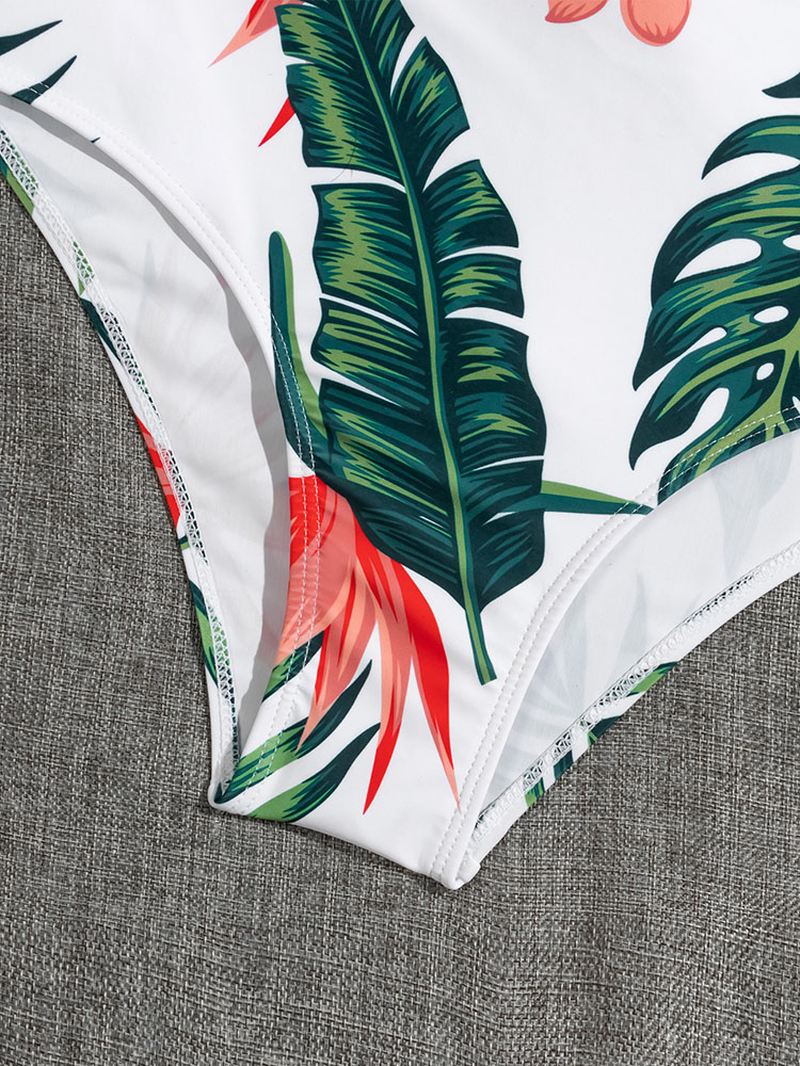 Tropical Plant Med Tryk På Kryds Og Tværs Udskåret Strappy One Piece Hawaii Style Dame Badetøj