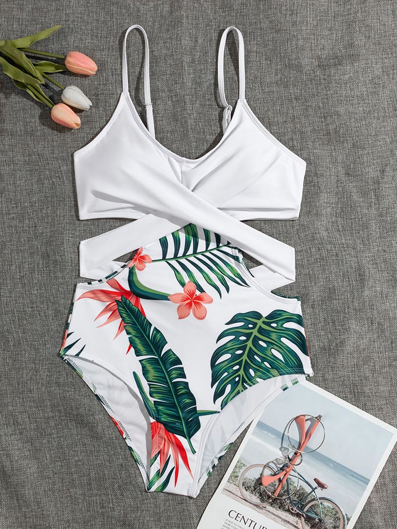 Tropical Plant Med Tryk På Kryds Og Tværs Udskåret Strappy One Piece Hawaii Style Dame Badetøj