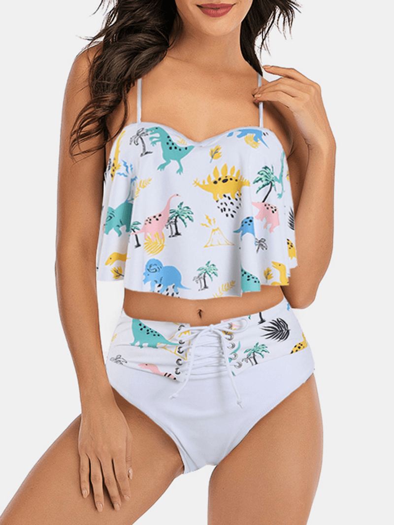 Plus Size Kvinder Blomsterprint Spaghetti Straps Højtalje Bandage Tankini