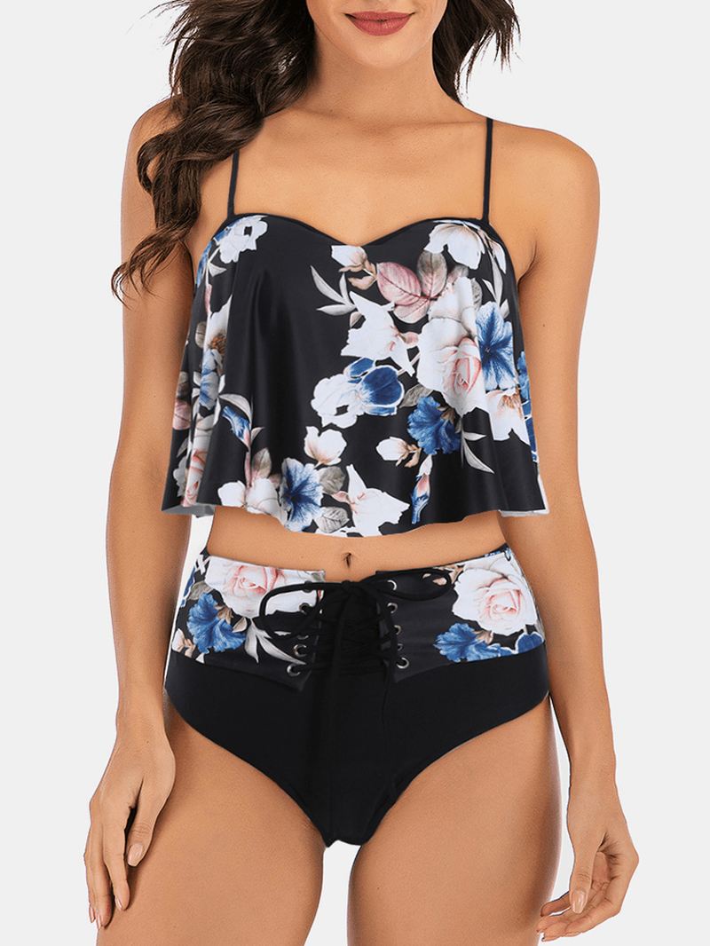 Plus Size Kvinder Blomsterprint Spaghetti Straps Højtalje Bandage Tankini