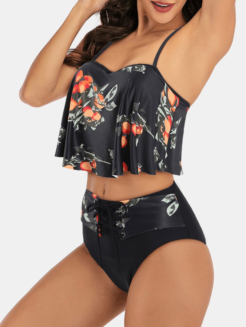 Plus Size Kvinder Blomsterprint Spaghetti Straps Højtalje Bandage Tankini