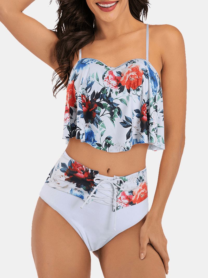 Plus Size Kvinder Blomsterprint Spaghetti Straps Højtalje Bandage Tankini