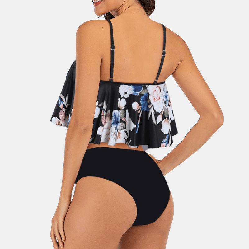 Plus Size Kvinder Blomsterprint Spaghetti Straps Højtalje Bandage Tankini