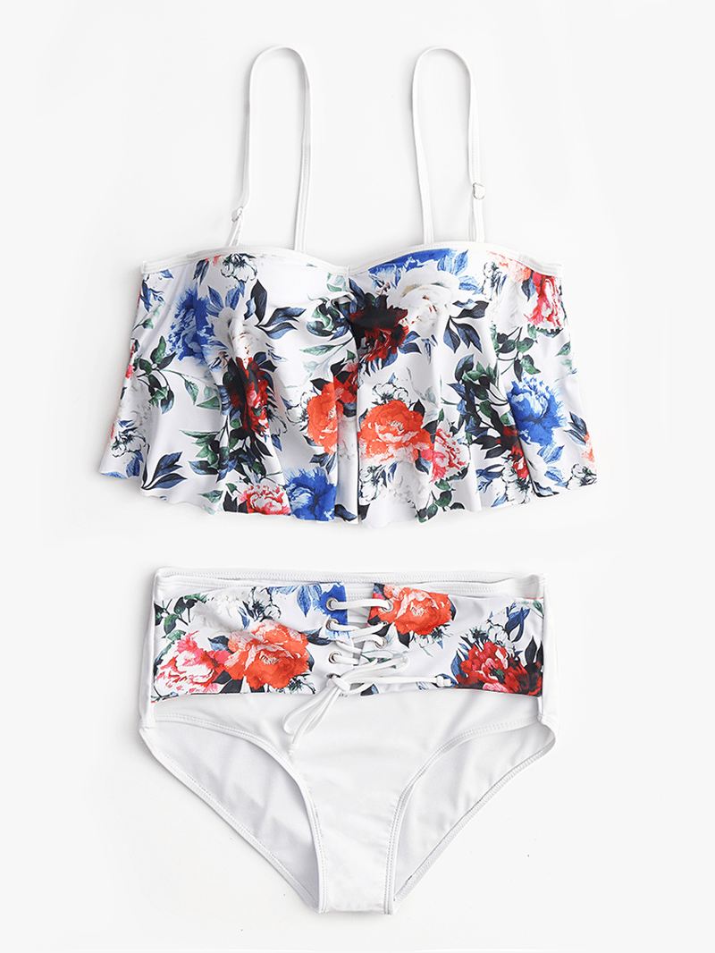 Plus Size Kvinder Blomsterprint Spaghetti Straps Højtalje Bandage Tankini