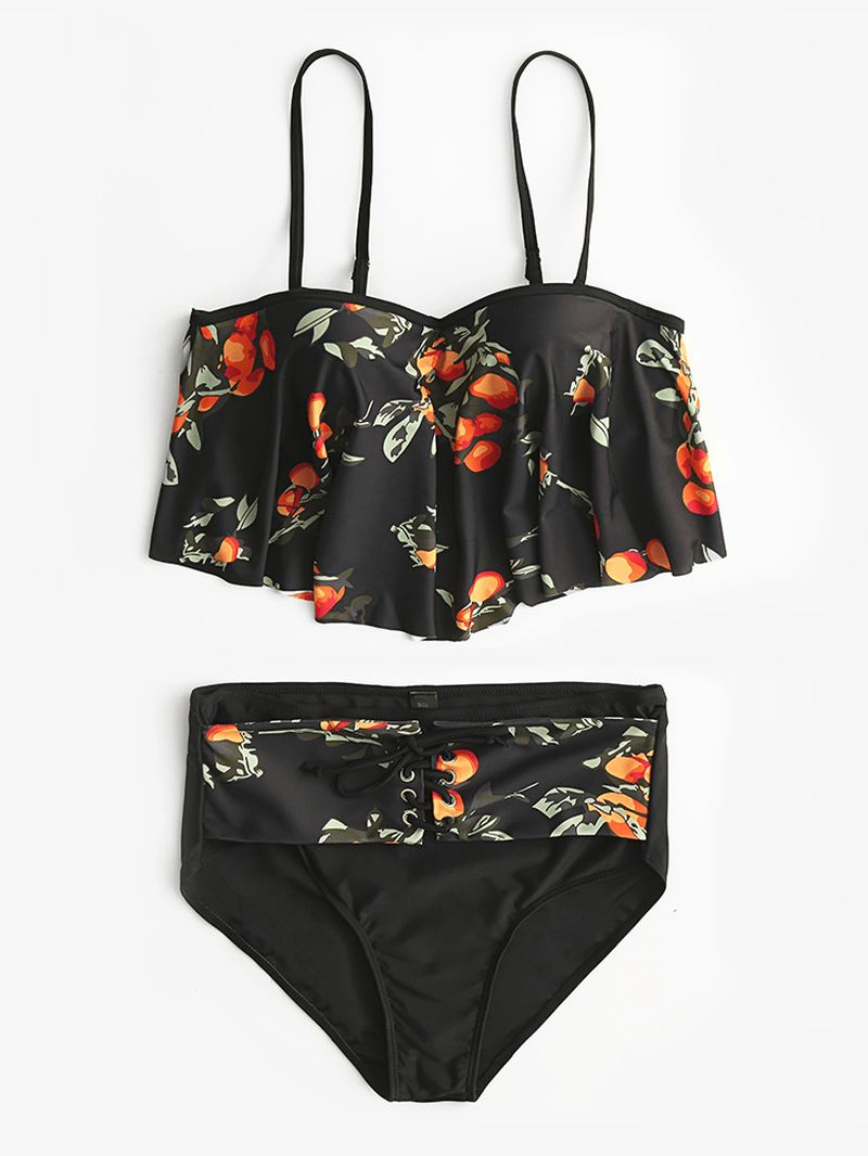 Plus Size Kvinder Blomsterprint Spaghetti Straps Højtalje Bandage Tankini