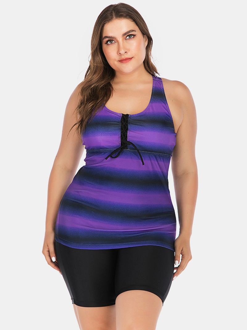 Plus Size Kvinder Front Bandage Stripe Top Todelt Badetøj Cover Belly Tankinis