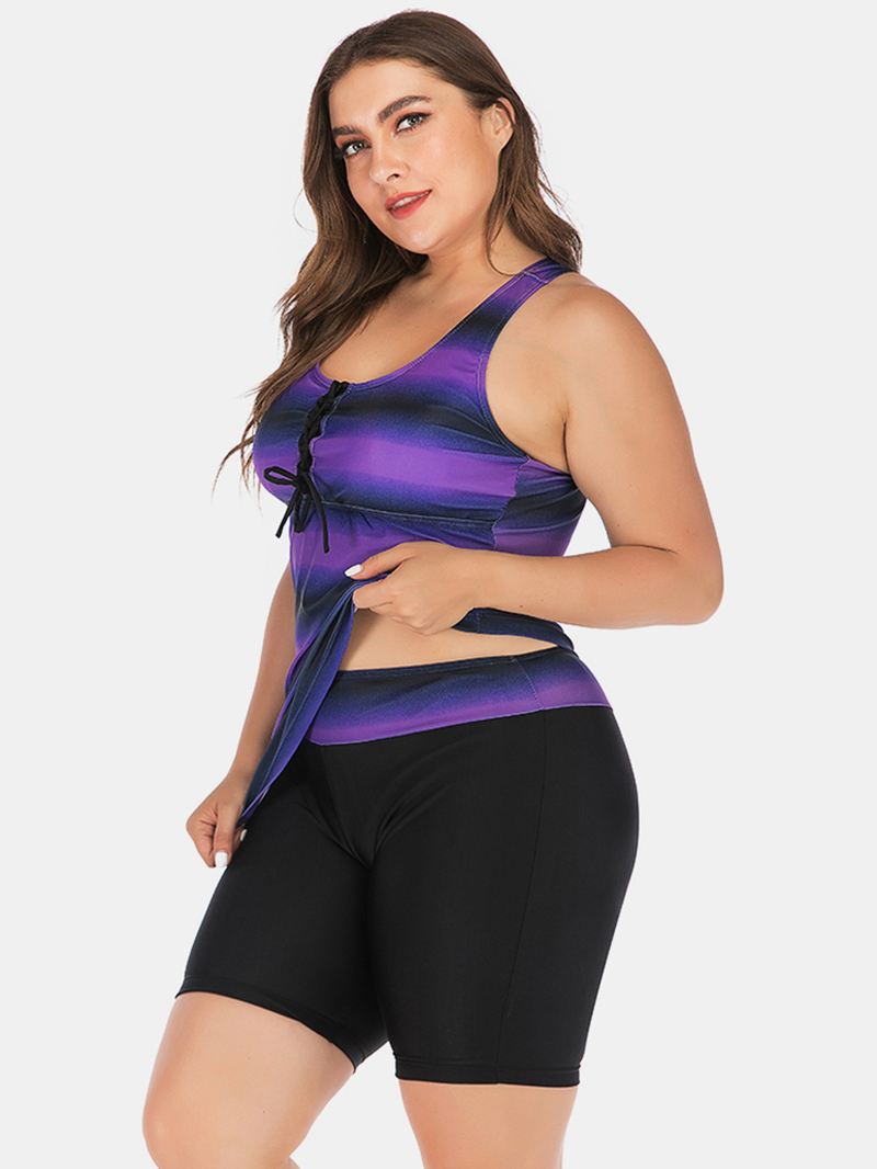 Plus Size Kvinder Front Bandage Stripe Top Todelt Badetøj Cover Belly Tankinis