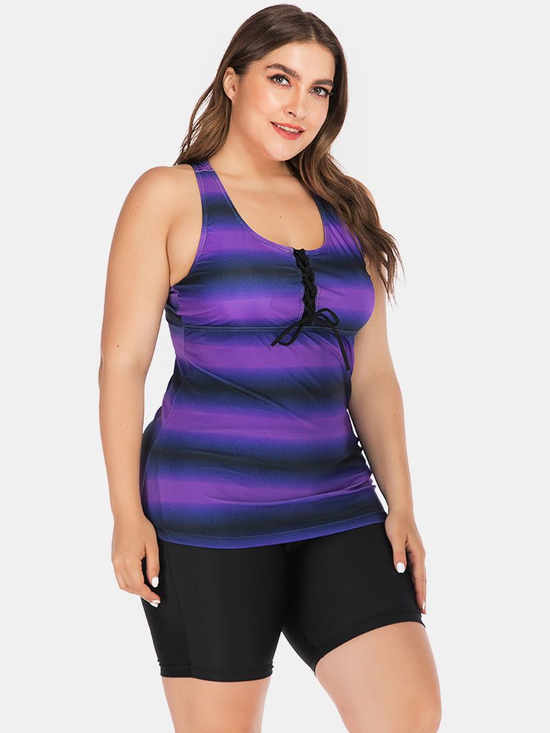 Plus Size Kvinder Front Bandage Stripe Top Todelt Badetøj Cover Belly Tankinis