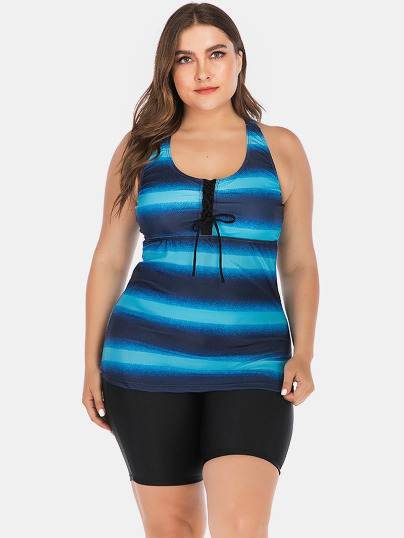 Plus Size Kvinder Front Bandage Stripe Top Todelt Badetøj Cover Belly Tankinis