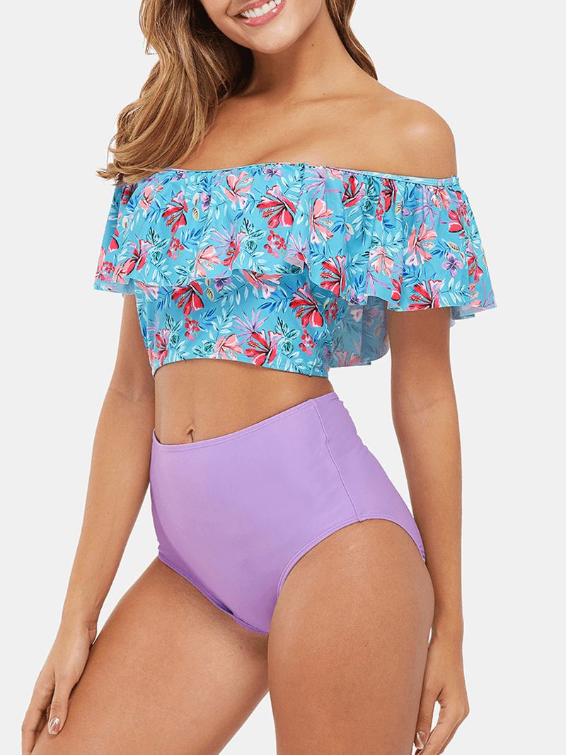 Tropical Plant Med Tryk Flæser High Waist Bikini Hawaii Casual Badedragt Til Kvinder