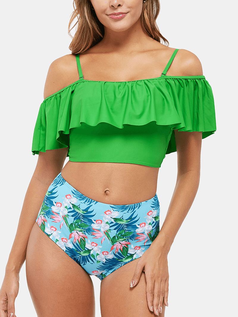 Tropical Plant Med Tryk Flæser High Waist Bikini Hawaii Casual Badedragt Til Kvinder