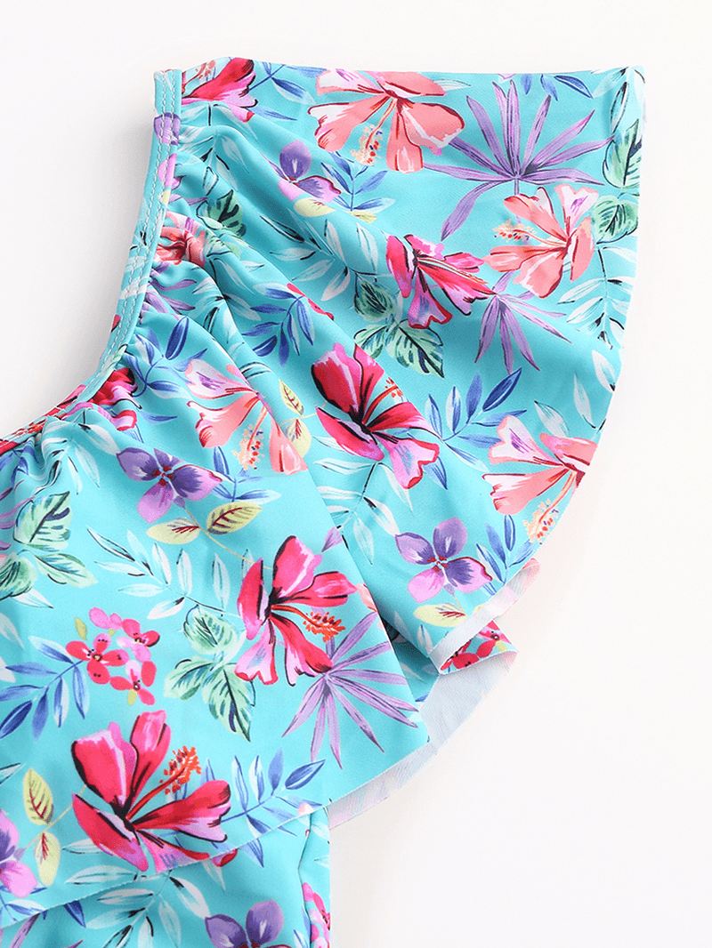 Tropical Plant Med Tryk Flæser High Waist Bikini Hawaii Casual Badedragt Til Kvinder